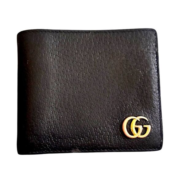 GG Marmont Men’s Black Pebble Leather Bi-fold Card Case Wallet Gold GG 428726 - Picture 1 of 13